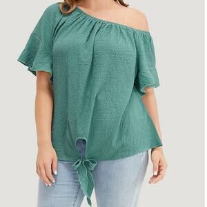 BLOOMCHIC 10 M Green Knotted Ruffle Sleeve Off Shoulder Blouse Top NWT B75